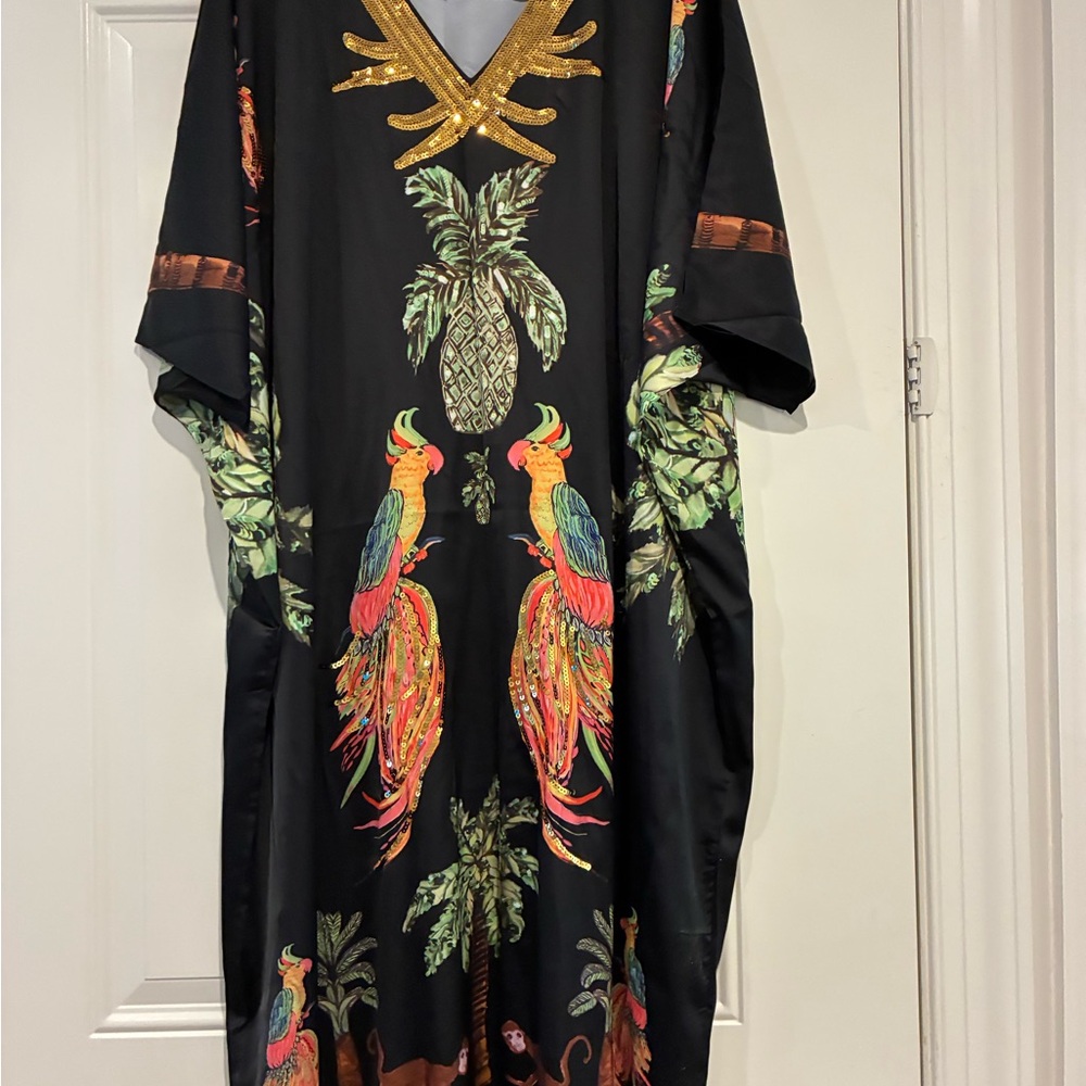 Black Maxi Dress with Tropical Parrot Print